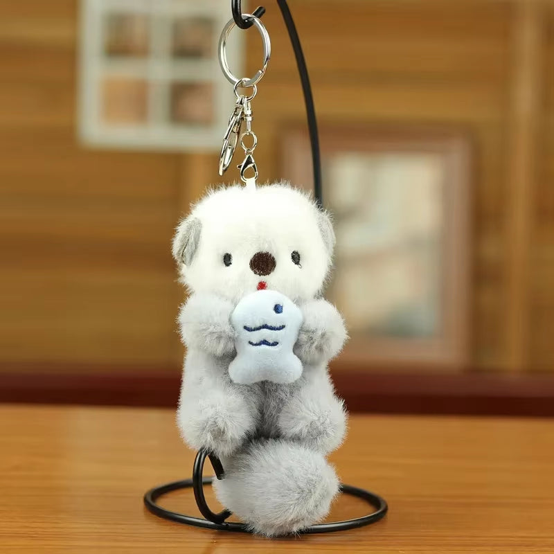 Cute Otters Holding Fish Plush Pendant Keychain Stylish Backpack Keyrings Pendant Lovely School Bag Key Wallet Pendant Wholesale