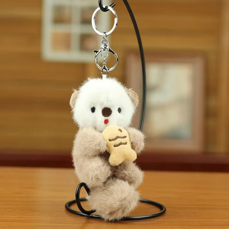 Cute Otters Holding Fish Plush Pendant Keychain Stylish Backpack Keyrings Pendant Lovely School Bag Key Wallet Pendant Wholesale